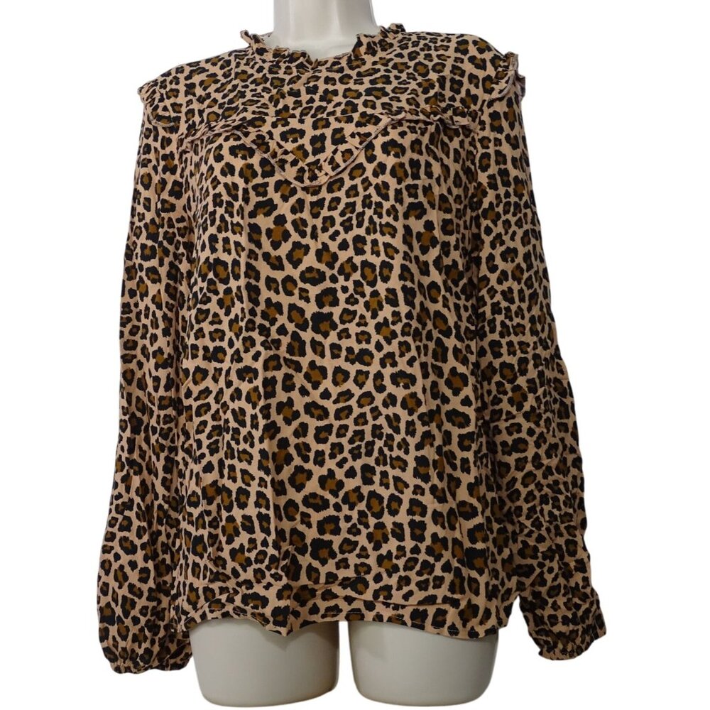 Shein Leopard Print Long Sleeve Blouse With Ruffle Trim Women Size L US 8 10
